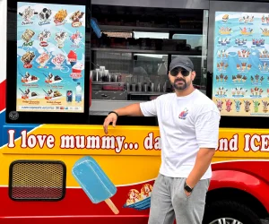 Shez Whippy Founder leaning on Shez Whippy Ice Cream van hire Greater Manchester